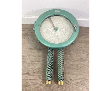 CAMBRIDGE TEPERATURE/HUMIDITY RECORDER,applied maker's plaque, numbered 671514, range red 20/100C, green 20/100F, 49cm high