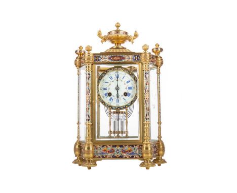 ATTRACTIVE 19TH CENTURY FRENCH  MANTEL CLOCK BY VINCENTI &amp; CIE,in gilt brass and champleve enamel six-glass case, with ca