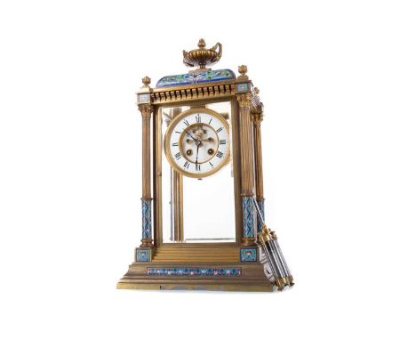 LATE 19TH CENTURY FRENCH BRASS AND CHAMPLEVE ENAMEL MANTEL CLOCK,the twin train eight day movement striking on a bell, visabl