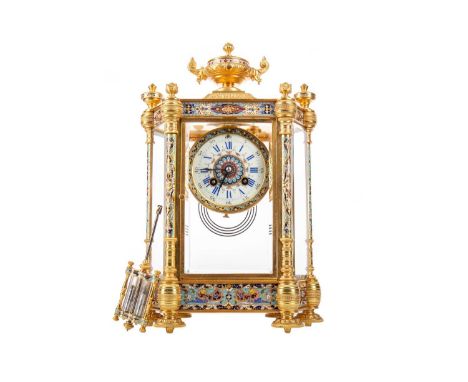 LATE 19TH CENTURY FRENCH ORMUOLU AND CHAMPLEVE ENAMEL MANTEL CLOCK,the twin train eight day movement by Vincent et. cie., sti