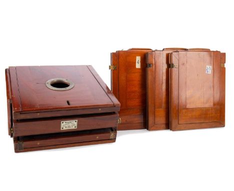 LATE 19TH CENTURY MARION'S BRITANNIA CAMERA,mahogany cased with single lens, leather bellows and six plates, the camera body 