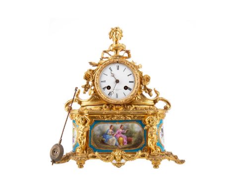 LATE 19TH CENTURY FRENCH PORCELAIN AND ORMOLU MANTEL CLOCK,the twin train eight day movement by Japy Freres, striking on a be