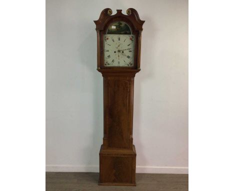 LATE 18TH/EARLY 19TH CENTURY MAHOGANY EIGHT DAY LONGCASE CLOCK,with broken swan neck pediment, the floral painted dial set wi