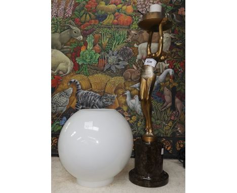 A 1930's Art Deco gilded metal table lamp depicting a dancing woman on marble base, with white globe shade 