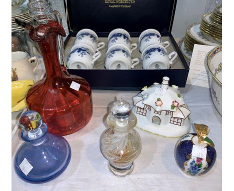 A set of 6 Royal Worcester porcelain chocolate pots and matching tray, boxed. A Cranberry claret jug, 2 Caithness items 