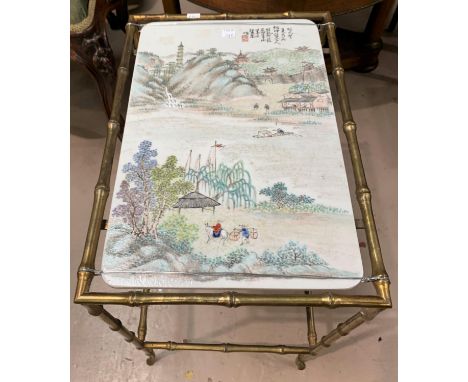 A Chinese Republic occasional table with bamboo effect brass frame and rectangular ceramic top depicting river and Great Wall