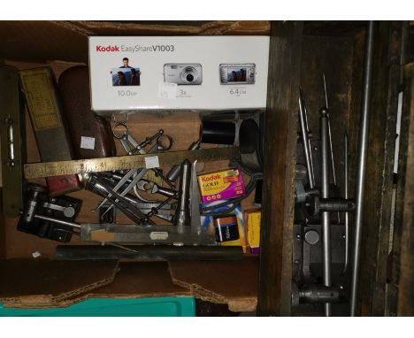 A selection of engineering tools to include levels; micrometre; callipers; etc.; 2 cameras, etc. 