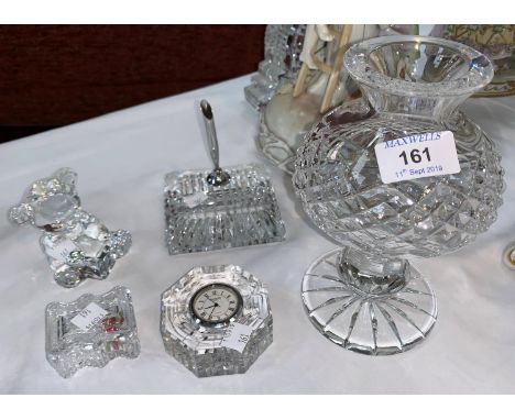 A Waterford Crystal candle lamp, height 7.5"; 4 other pieces:  clock/paperweight; pan stand; teddy bear &amp; trinket box 