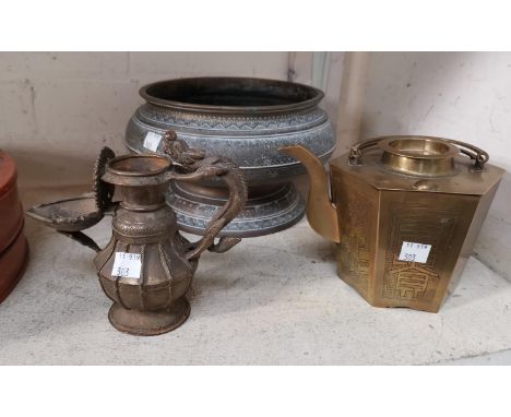 A Chinese brass tea pot, A Nepalese pot and an Indian oil lamp 