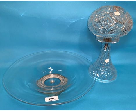 A 1930's cut glass table lamp with mushroom shade; a shallow glass dish on a hallmarked silver foot, dia 13.5"