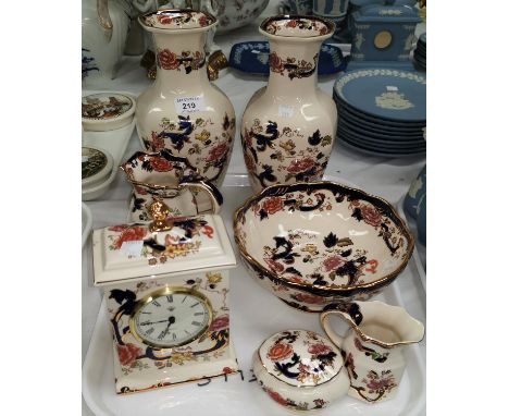 A selection of Mason's Ironstone Mandalay pattern china:  a pair of vases, 26 cm; a bowl; a clock, 3 other pieces 