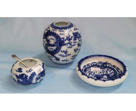 Three pieces of 19th century Chinese blue &amp; white, a small bowl and 2 similar vases decorated with dragons, the bowl with