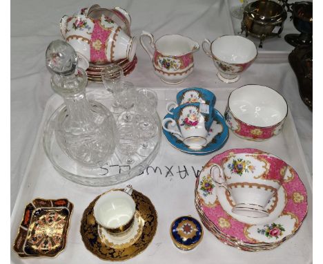 A sel;ection of decorative china including Royal Albert cups and saucers, Royal Crown Derby dish, Nao figure and a licqueur s