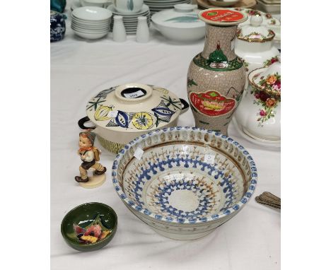 A Moorcroft small dish with green ground decorated with an orchid, diameter 3"; a 1960's Norwegian pottery tureen; a studio p