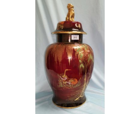 A mid 20th century Carltonware temple jar, Rouge Royale stork pattern, domed cover with gilt Dog of Fo finial, 50 cm 