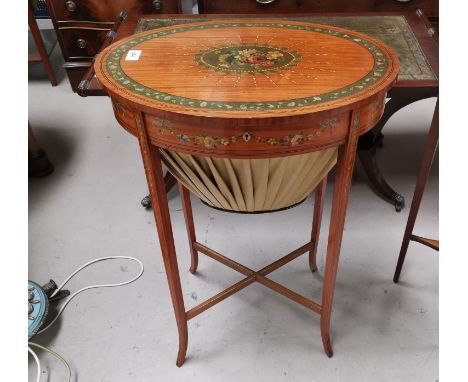 A mahogany Adam's style sewing table with painted floral decoration with X-frame stretcher on tapering legs with material wel