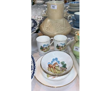 A Chameleon ware Art Deco pottery vase, 25 cm; 2 sets of Royal Windsor nursery china; a David Leach stoneware vase 