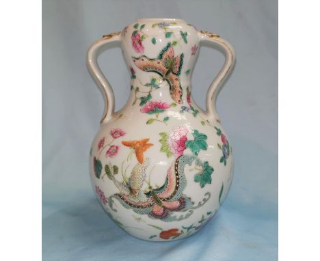 An early 20th century Chinese double gourd shaped vase with twin handles, famille verte fine decoration of flowers and butter