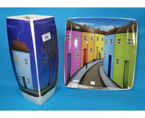 Paul Horton for Royal Worcester:  a square swelling vase depicting houses and trees, height 12.5"; a similar square dish depi