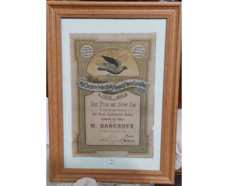 A Victorian Homing Pigeon Society First Prize certificate, framed and glazed 