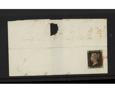 1840 1d black, R-K, used on part entire with red maltese cross, 3 margins, close at top left.