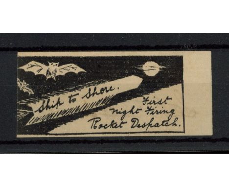 Rocket Mail labels: 1934 First Night Time Firing Ship to Shore Rocket Dispatch label signed on reverse by Stephen H. Smith.