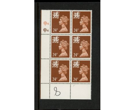 Wales 24p ACP/PVA Cylinder Q4Q4 block of 6 with 10 perf holes in margin. U/M, biro mark in bottom margin &amp; slight creasin