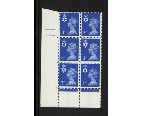 Northern Ireland 3p FCP/PVA Cylinder 1 P8 No Dot block of 6 with additional perforation holes in lower margin giving appearan