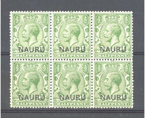 1916 ½d yellow green in block of 6, one stamp with broken "R" var. Mint (var U/M). SG 1a Cat £450 (6)