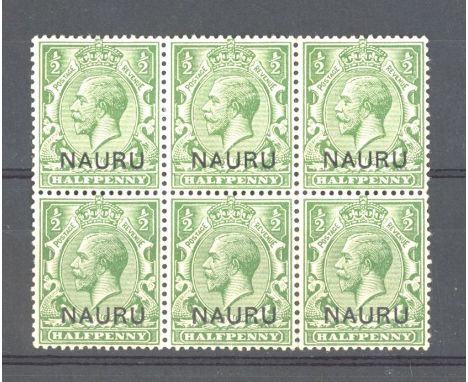 1916 ½d yellow green in block of 6, one stamp with broken "R" var. Mint (var U/M). SG 1a Cat £450 (6)