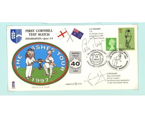 Cricket: 1997 First Test Match cover signed by match winners Graham Thorpe &amp; Nasser Hussain. 1 of 14 covers. Unaddressed,