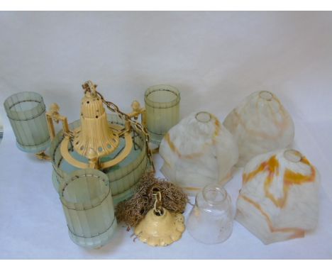 Vintage 3 branch ceiling light fitting & 3 marbled glass shades plus one other