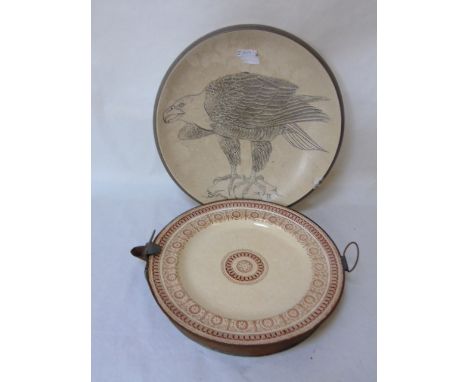 Purbeck pottery charger depicting an eagle in flight plus a victorian ceramic plate warmer