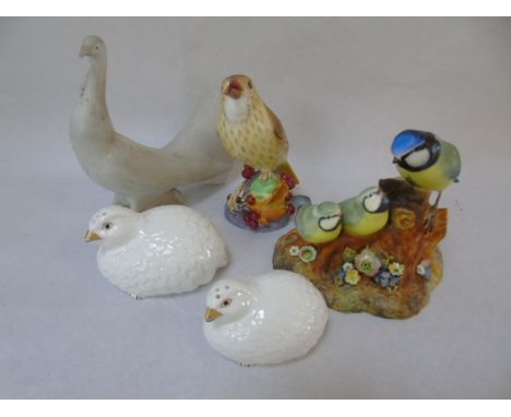 A Royal Crown Derby figural group of a blue tit and its young, Royal Worcester figure of a thrush, Nao dove and 2 Aynsley pep