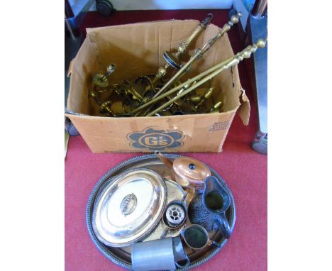 Qty of metalware including brass light, plated entree dish etc