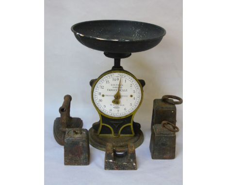 Vintage salter scales and collection of weights plus flat iron
