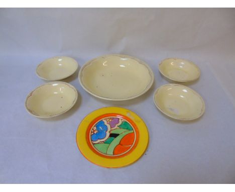 A Clarice Cliff Fantasque dish diameter is 6 inches And Clarice Cliff bowl and 5 piece fruit set in ivory colour