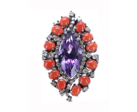 Amethyst, coral and diamond marquise dress cluster ring, diamond set shoulders in a silver mount, 32mm x 20mm, ring size M/N