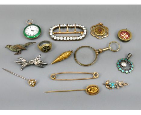 Interesting selection of jewellery, to include an enamel fob watch, lorgnette, enamel pendant, paste set buckle, stick pins e