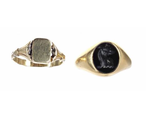 Small 18ct intaglio ring depicting a dog's head, 4.7gm; 11mm, ring size G (split to the shank); together with a Victorian sma