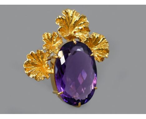 Ornate 9ct pendant brooch set with a large amethyst, London 1998, 18.1gm, 42mm x 38mm