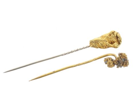 Two gold nugget stick pins, 9.4gm (2)