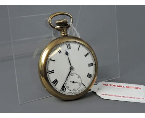 Gold plated lever pocket watch, 15 jewel three-quarter plate movement, no. 654053, the dial with Roman numerals, minute track