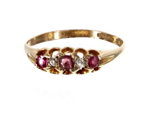 Late Victorian 18ct ruby and diamond claw-set five stone ring, Birmingham 1897, 2gm, band width 5.5mm, ring size R 