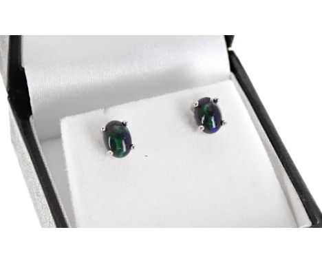 Pair of black Ethiopian opal ear studs set in silver, 7mm x 6mm - ** with box