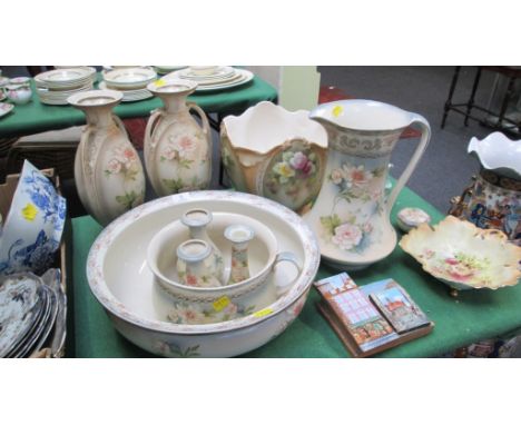 An Edwardian toilet set, comprising jug, basin and chamber pot, together with a jardiniere of similar period, and other ceram