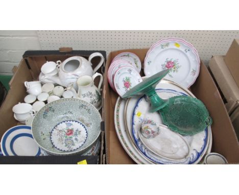 Two boxes of Victorian and later ceramics, including a Majolica leaf moulded plate and tazza, meat dishes, a Spode Luneville 