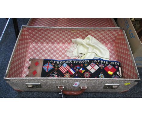 A mid 20th century needlepoint and leather belt, 'A Present from a Friend in India', woven with allied and Commonwealth flags