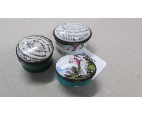 Three early 19th century Bilston enamel patch boxes, variously decorated, each with mirror hinged cover