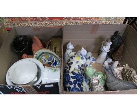 A collection of 20th century ceramic and other animals, including Rye Pottery cats, a blue florally decorated pig and other i